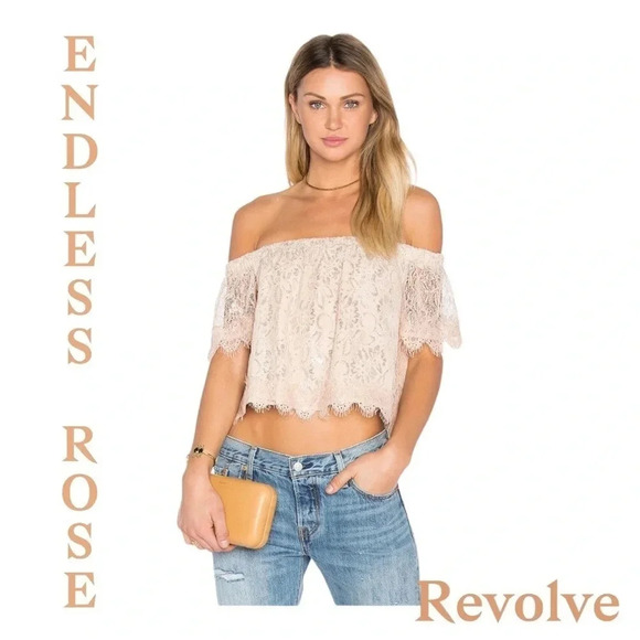 Revolve Endless Rose Off The Shoulder Shimmer light pink & silver top size M NWT - Picture 1 of 16